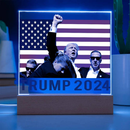 Trump 2024 Butler Rally Acrylic Plaque with LED Lighted Wooden Base