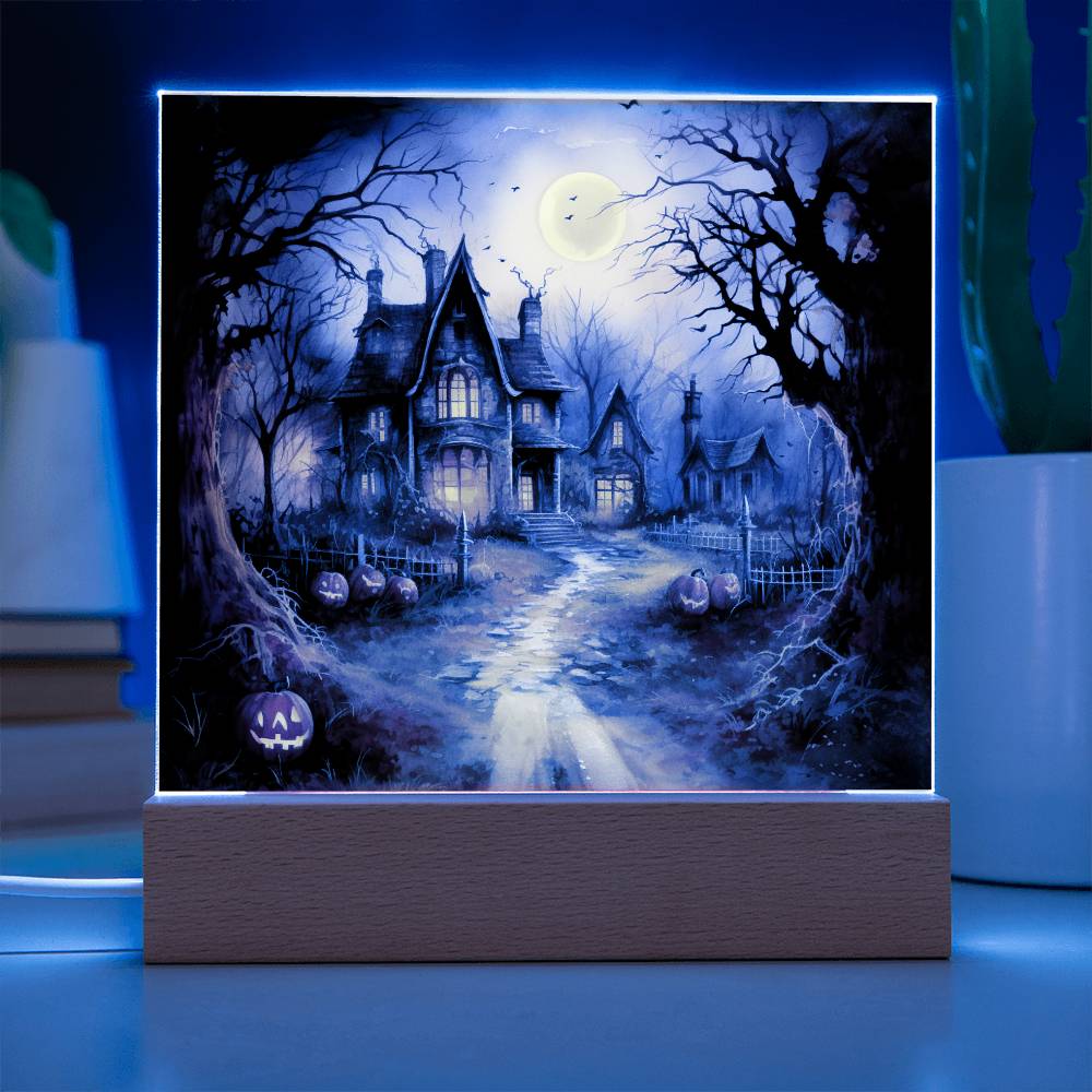 Ghostly Manor: Halloween Acrylic Square Plaque with LED Lighted Wooden Base