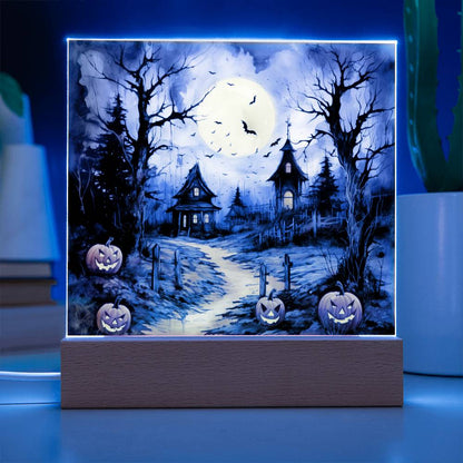 Halloween Haunt: Detailed Mansion Acrylic Plaque with LED Lighted Wooden Base