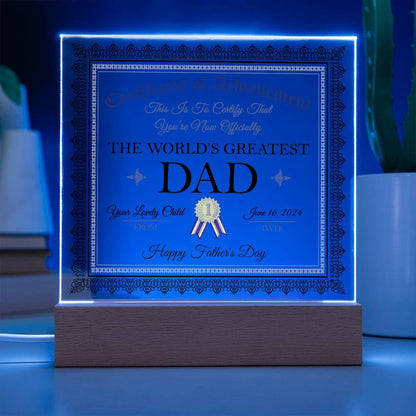 Father's Day Gift Certificate of Achievement for The World's Greatest Dad Personalized Acrylic Plaque