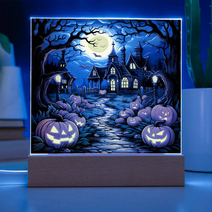 Halloween Decor Haunted Mansion Acrylic Square Plaque with LED Wooden Base