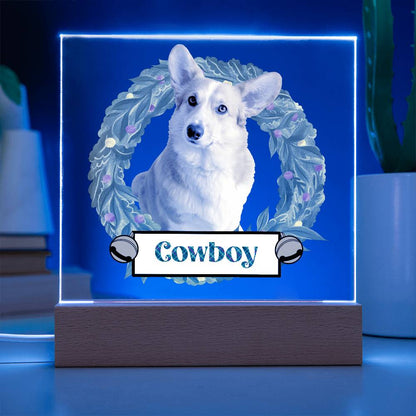 Pet Personalized Holiday Wreath Photo Upload Keepsake Acrylic Plaque with Lighted LED Wooden Base