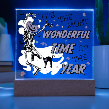 Halloween Decor - The Most Wonderful Time of the Year Acrylic Square Plaque with LED Wooden Base