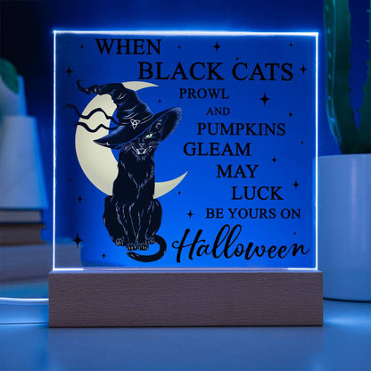 Halloween Decor - Black Cats and Pumpkins Gleam Acrylic Square Plaque with LED Wooden Base