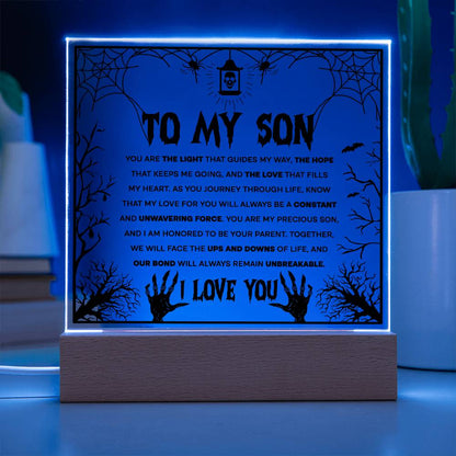 Son - Unwavering Force - Halloween Acrylic Square Plaque with LED Wooden Base