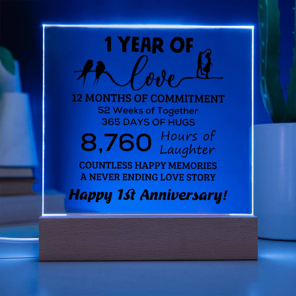 Anniversary Gift One Year of Love, Countless Happy Memories Acrylic Square Plaque with LED Wooden Base