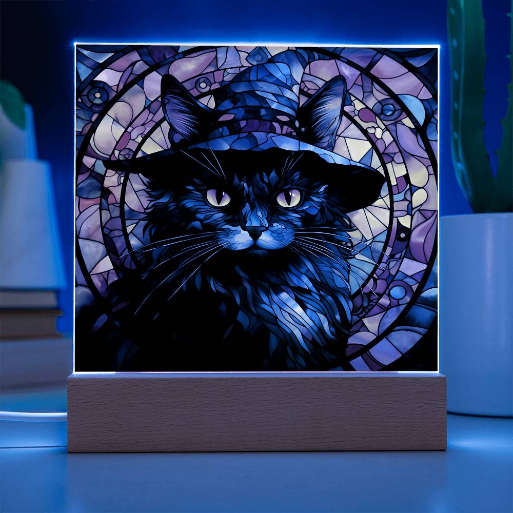 Halloween Decor - Spooky Black Cat Acrylic Square Plaque with LED Wooden Base