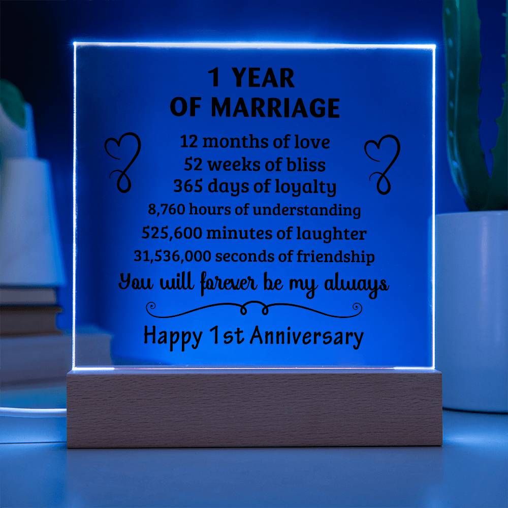 Anniversary Gift - One Year Of Marriage Acrylic Square Plaque with LED Wooden Base