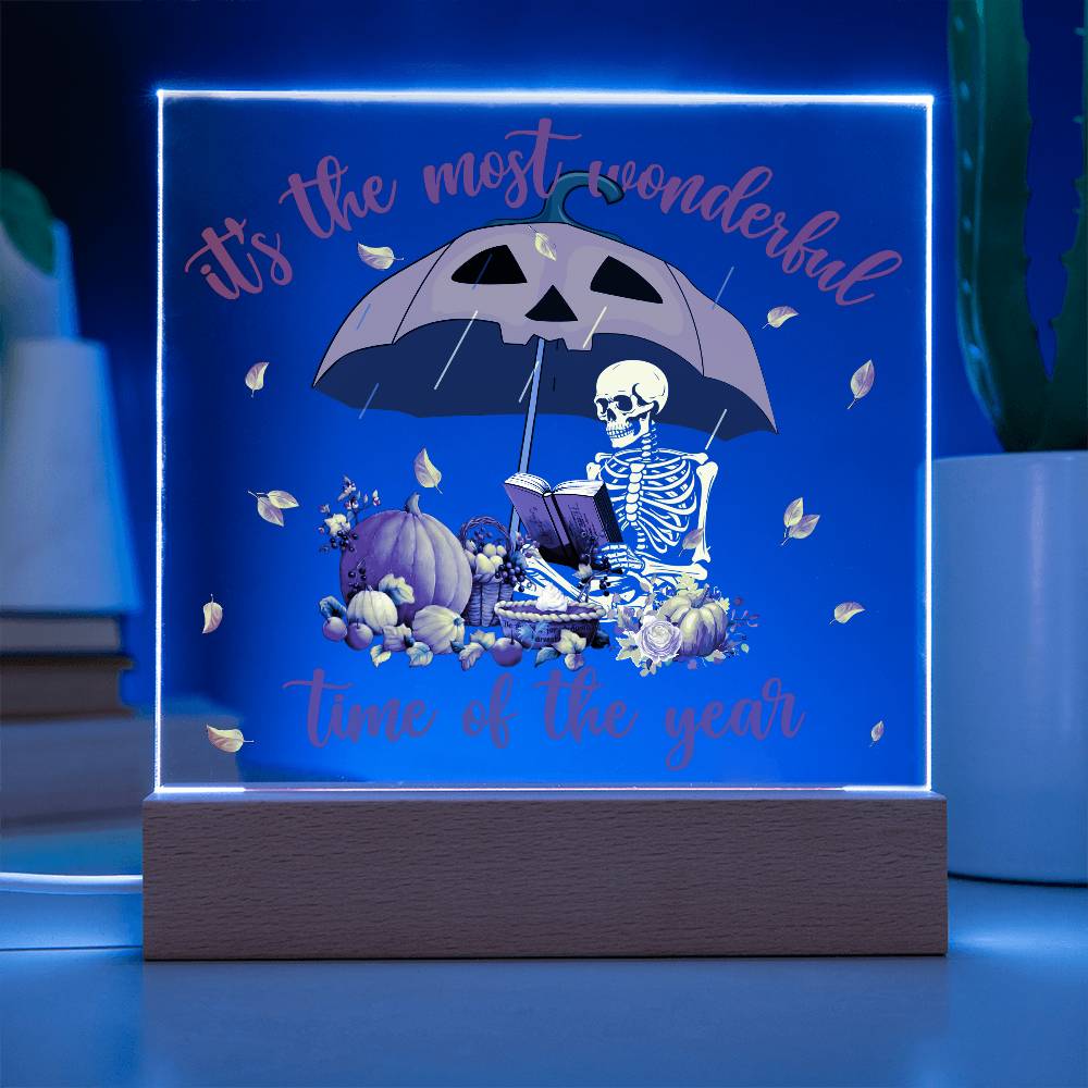 Halloween Decor - Most Wonderful Time of The Year Acrylic Square Plaque with LED Wooden Base