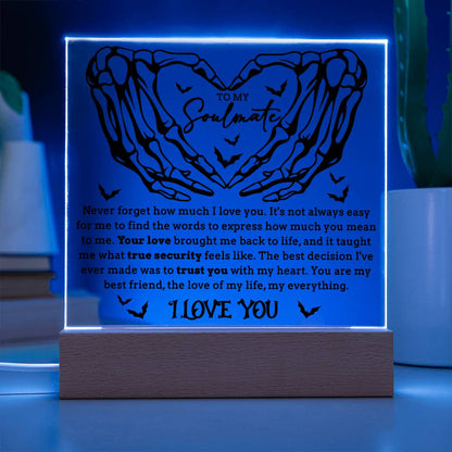 Soulmate - True Security - Halloween Acrylic Square Plaque with LED Lighted Wooden Base