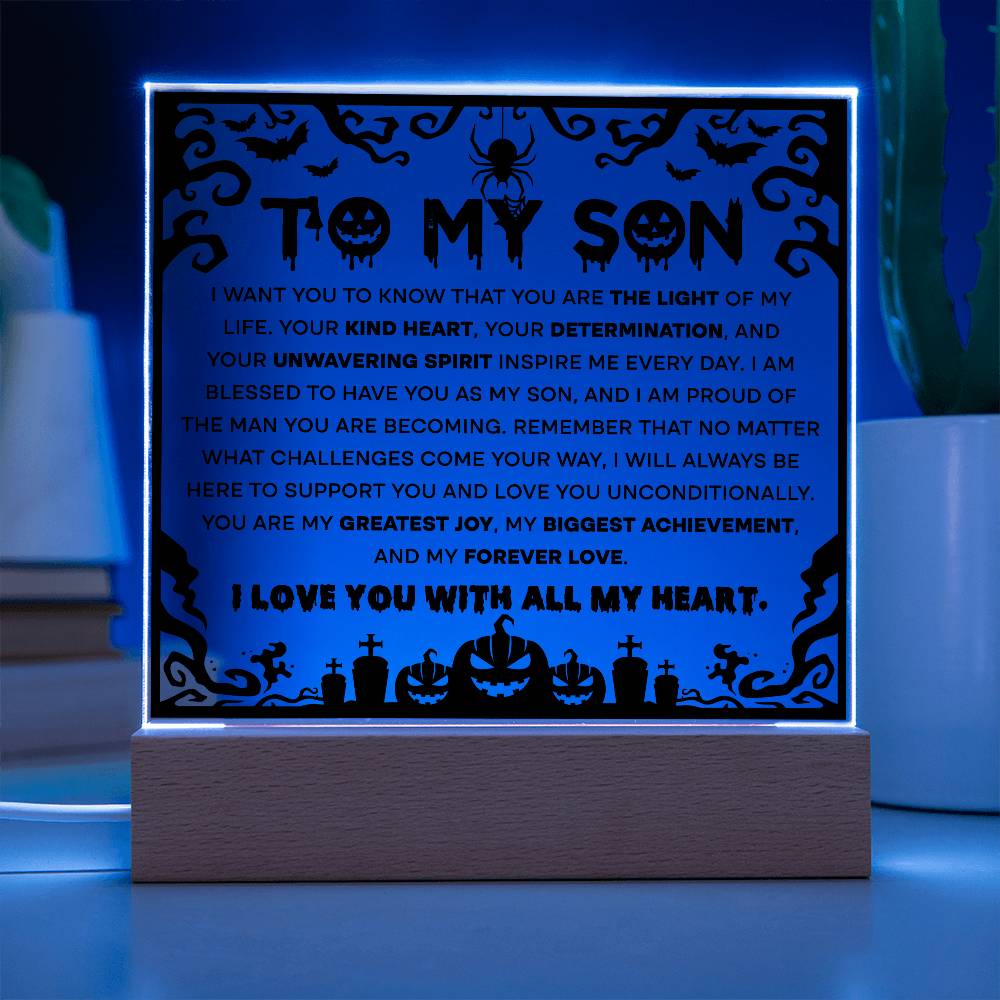 Son - Proudest Achievement - Halloween Acrylic Square Plaque with LED Wooden Base