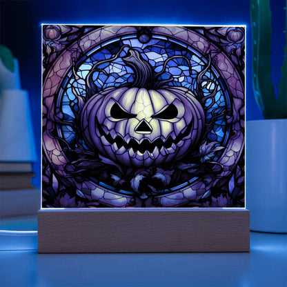 Halloween Pumpkin Stained-Glass Acrylic Square Plaque with LED Wooden Base