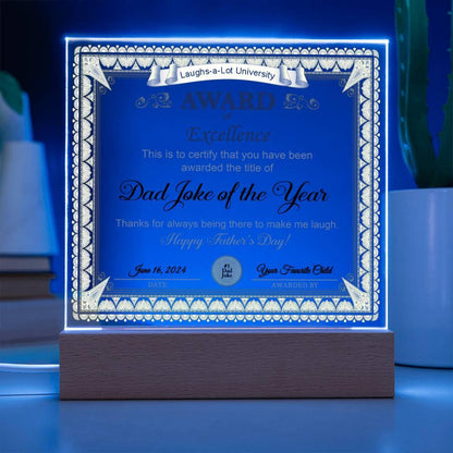 Gift for Dad Award of Excellence for Dad Joke of the Year Personalized Acrylic Plaque