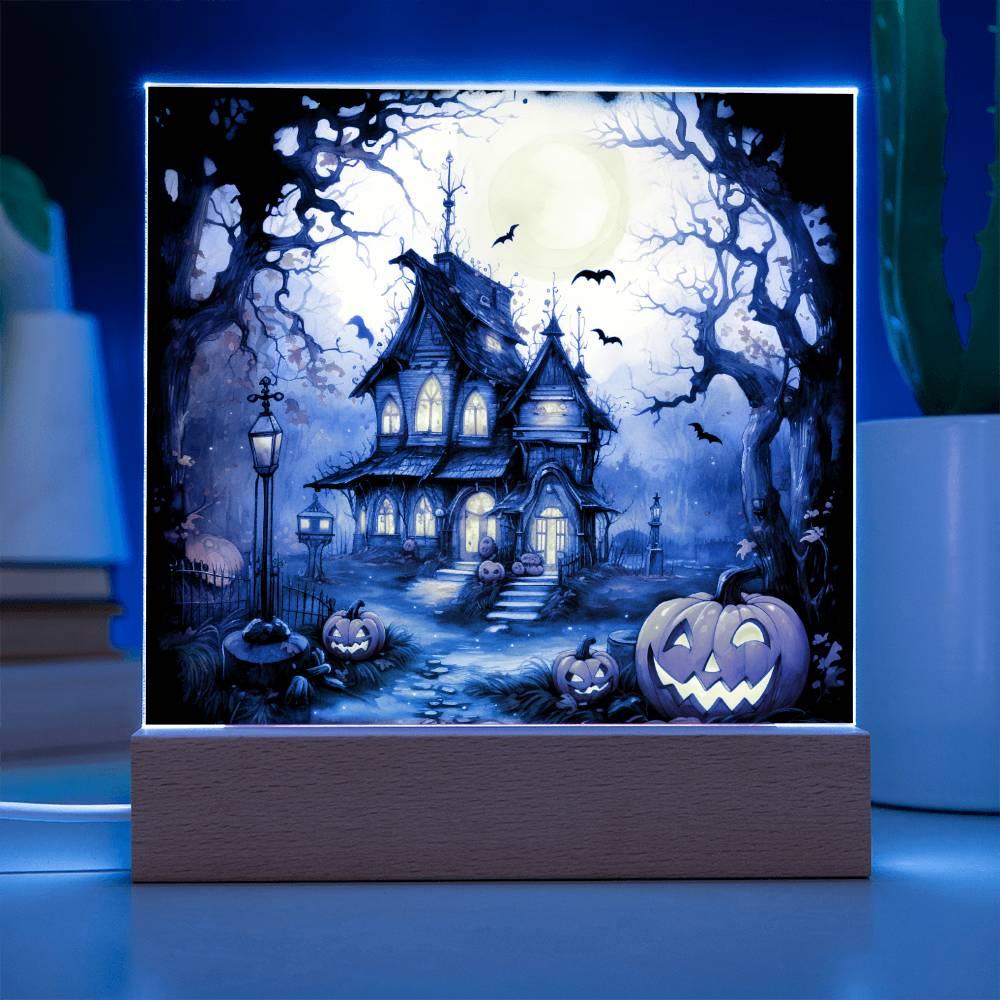 Chilling Manor: Haunted Halloween Mansion Acrylic Square Plaque with LED Lighted Wooden Base