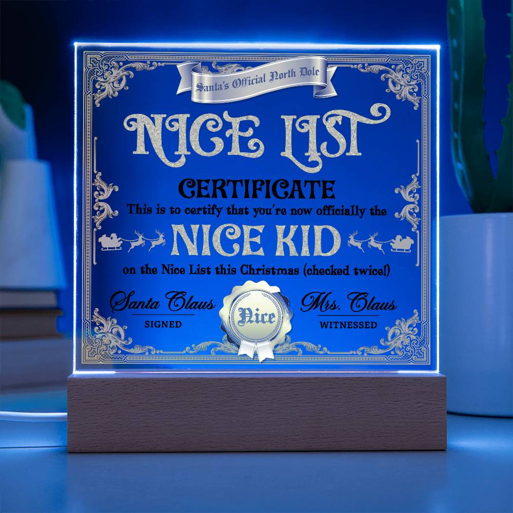 Christmas Decor - Nice Kid List Certificate Acrylic Square Plaque with LED Wooden Base