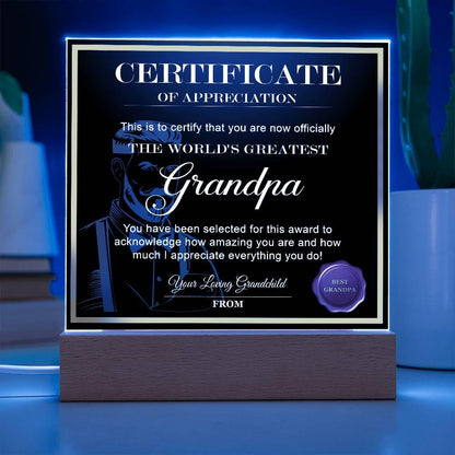 Certificate of Appreciation - The World's Greatest Grandpa Acrylic Plaque