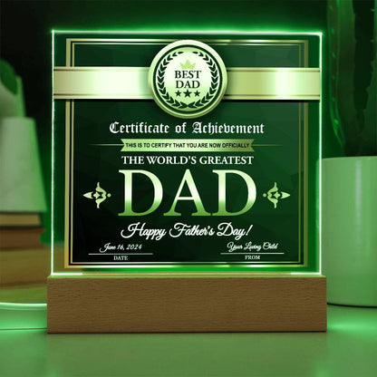 Certificate of Achievement for the World's Greatest Dad Personalized Acrylic Plaque