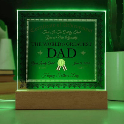 Father's Day Gift Certificate of Achievement for The World's Greatest Dad Personalized Acrylic Plaque