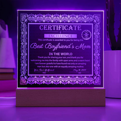 Best Boyfriend's Mom Certificate of Excellence Mother's Day Acrylic Plaque