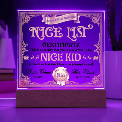 Christmas Decor - Nice Kid List Certificate Acrylic Square Plaque with LED Wooden Base