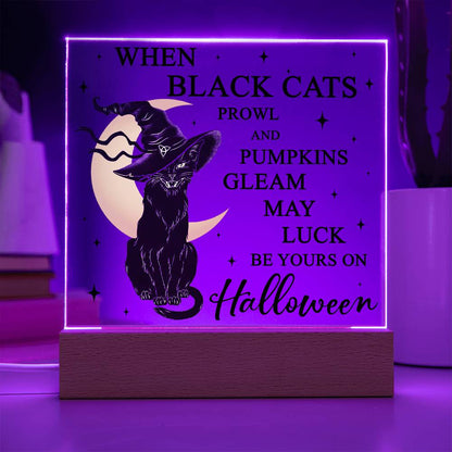 Halloween Decor - Black Cats and Pumpkins Gleam Acrylic Square Plaque with LED Wooden Base