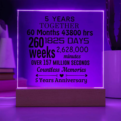 Anniversary Gift Five Years Together Acrylic Square Plaque with Lighted LED Wooden Base