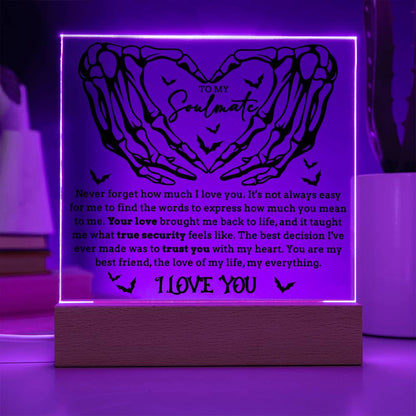 Soulmate - True Security - Halloween Acrylic Square Plaque with LED Lighted Wooden Base