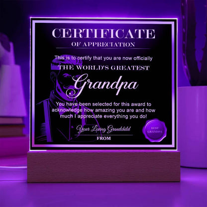 Certificate of Appreciation - The World's Greatest Grandpa Acrylic Plaque