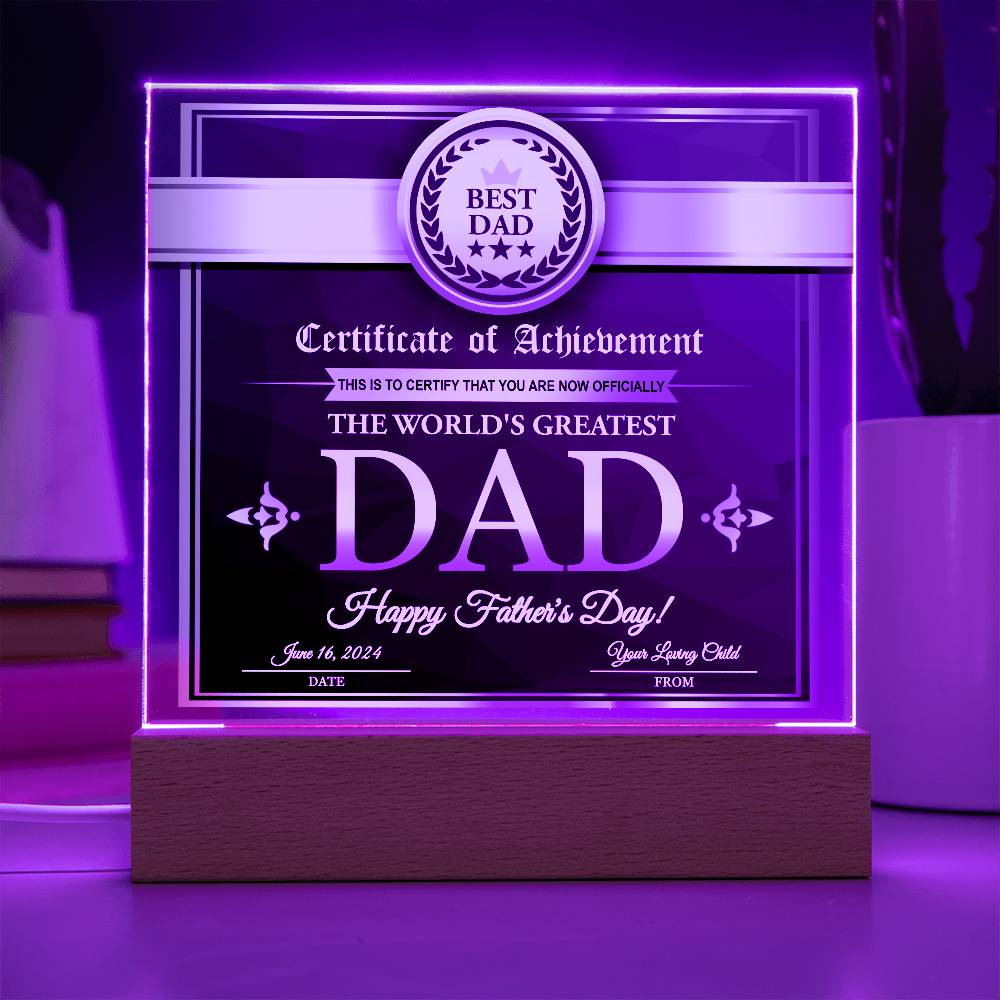 Certificate of Achievement for the World's Greatest Dad Personalized Acrylic Plaque