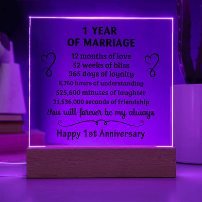 Anniversary Gift - One Year Of Marriage Acrylic Square Plaque with LED Wooden Base