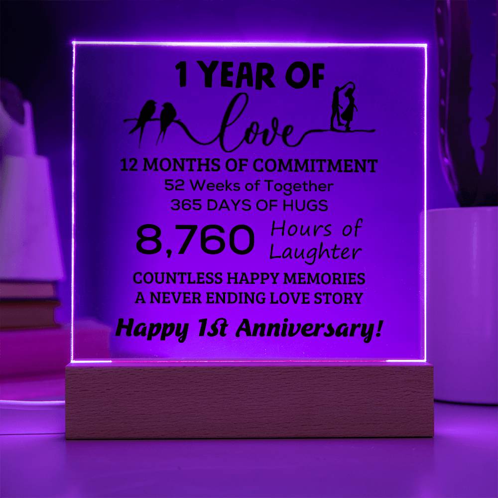 Anniversary Gift One Year of Love, Countless Happy Memories Acrylic Square Plaque with LED Wooden Base