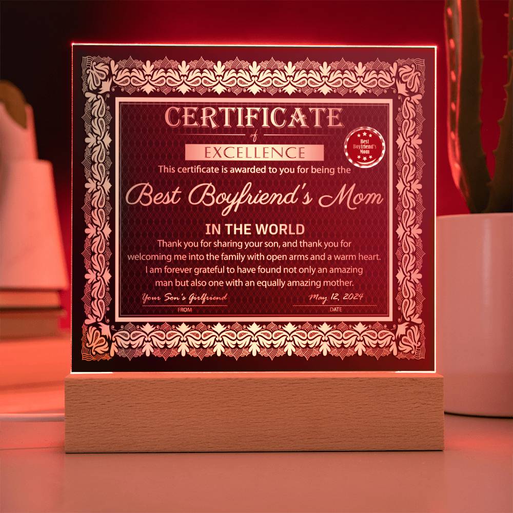 Best Boyfriend's Mom Certificate of Excellence Mother's Day Acrylic Plaque