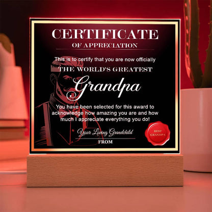 Certificate of Appreciation - The World's Greatest Grandpa Acrylic Plaque