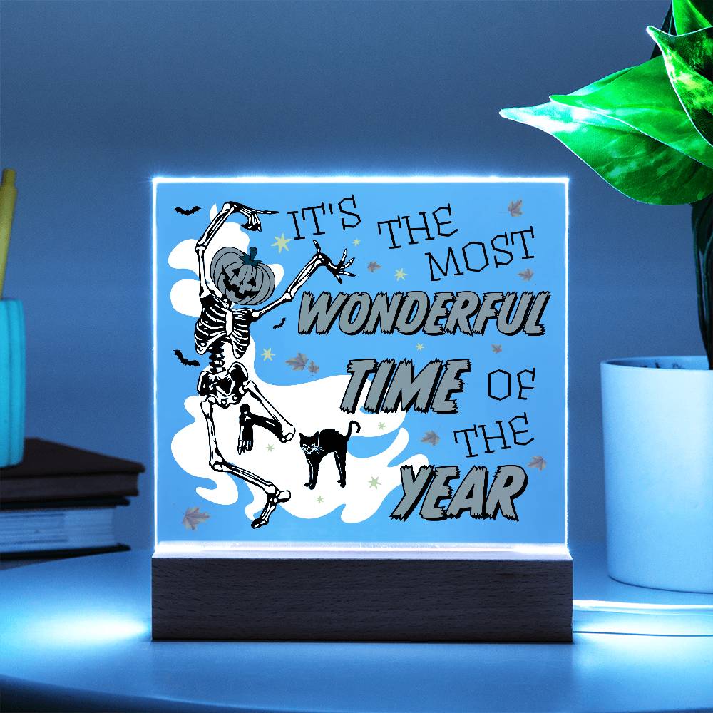 Halloween Decor - The Most Wonderful Time of the Year Acrylic Square Plaque with LED Wooden Base