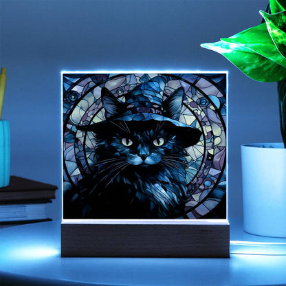 Halloween Decor - Spooky Black Cat Acrylic Square Plaque with LED Wooden Base