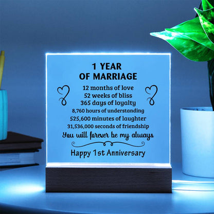 Anniversary Gift - One Year Of Marriage Acrylic Square Plaque with LED Wooden Base