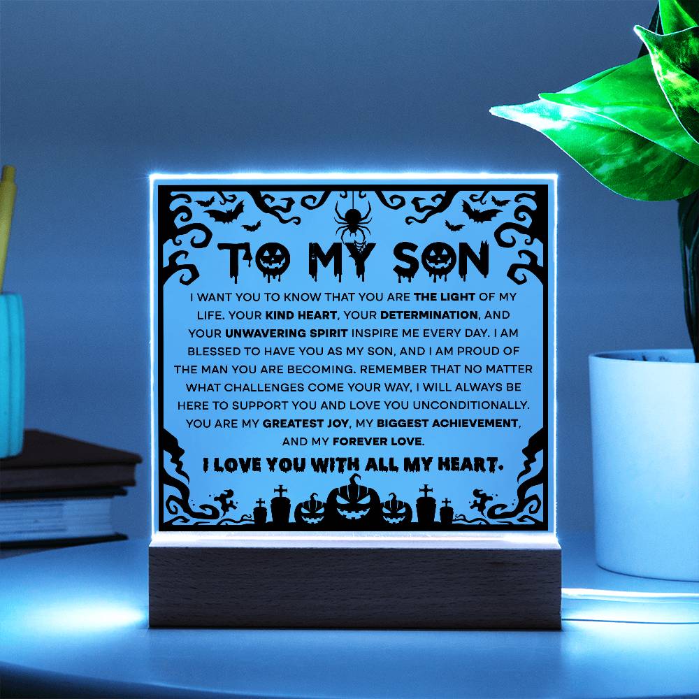 Son - Proudest Achievement - Halloween Acrylic Square Plaque with LED Wooden Base