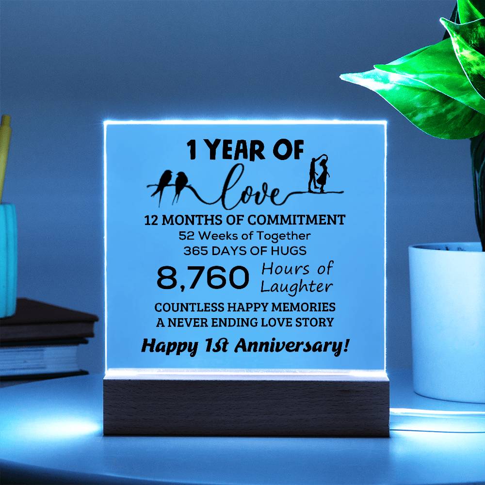 Anniversary Gift One Year of Love, Countless Happy Memories Acrylic Square Plaque with LED Wooden Base