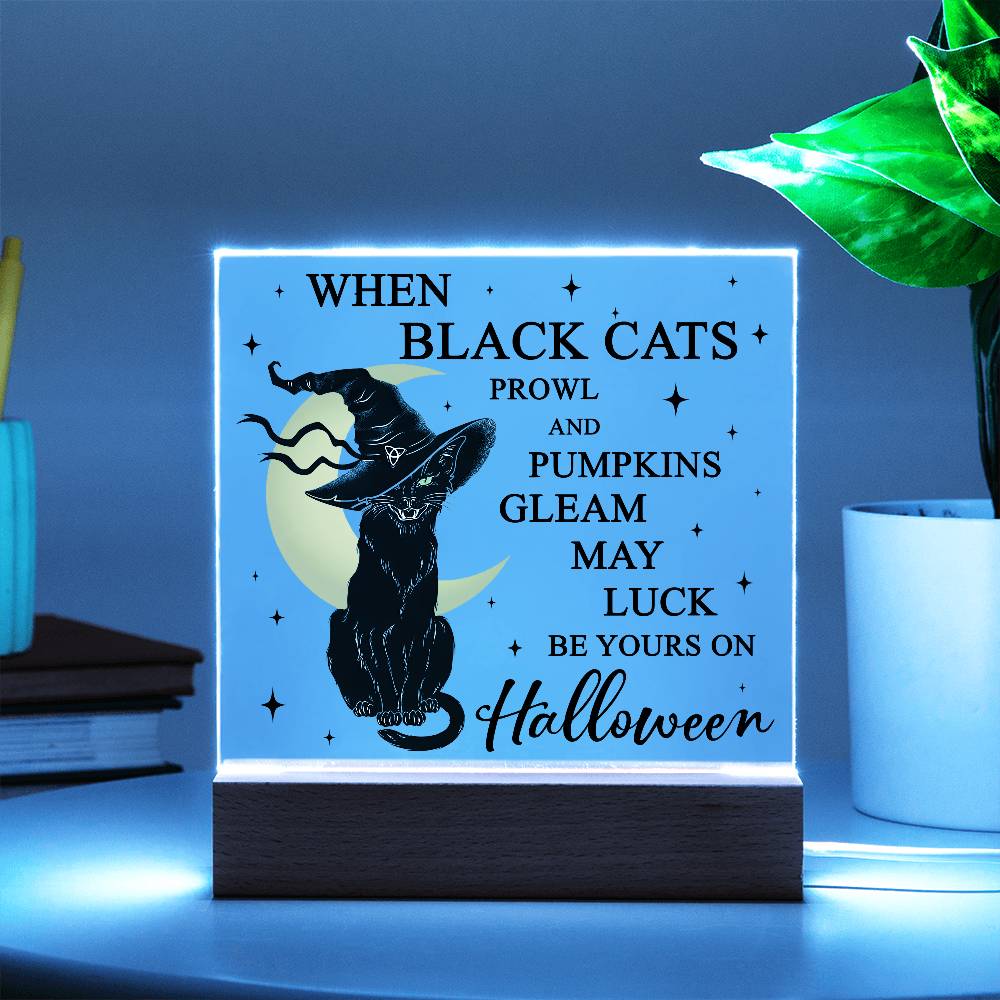 Halloween Decor - Black Cats and Pumpkins Gleam Acrylic Square Plaque with LED Wooden Base