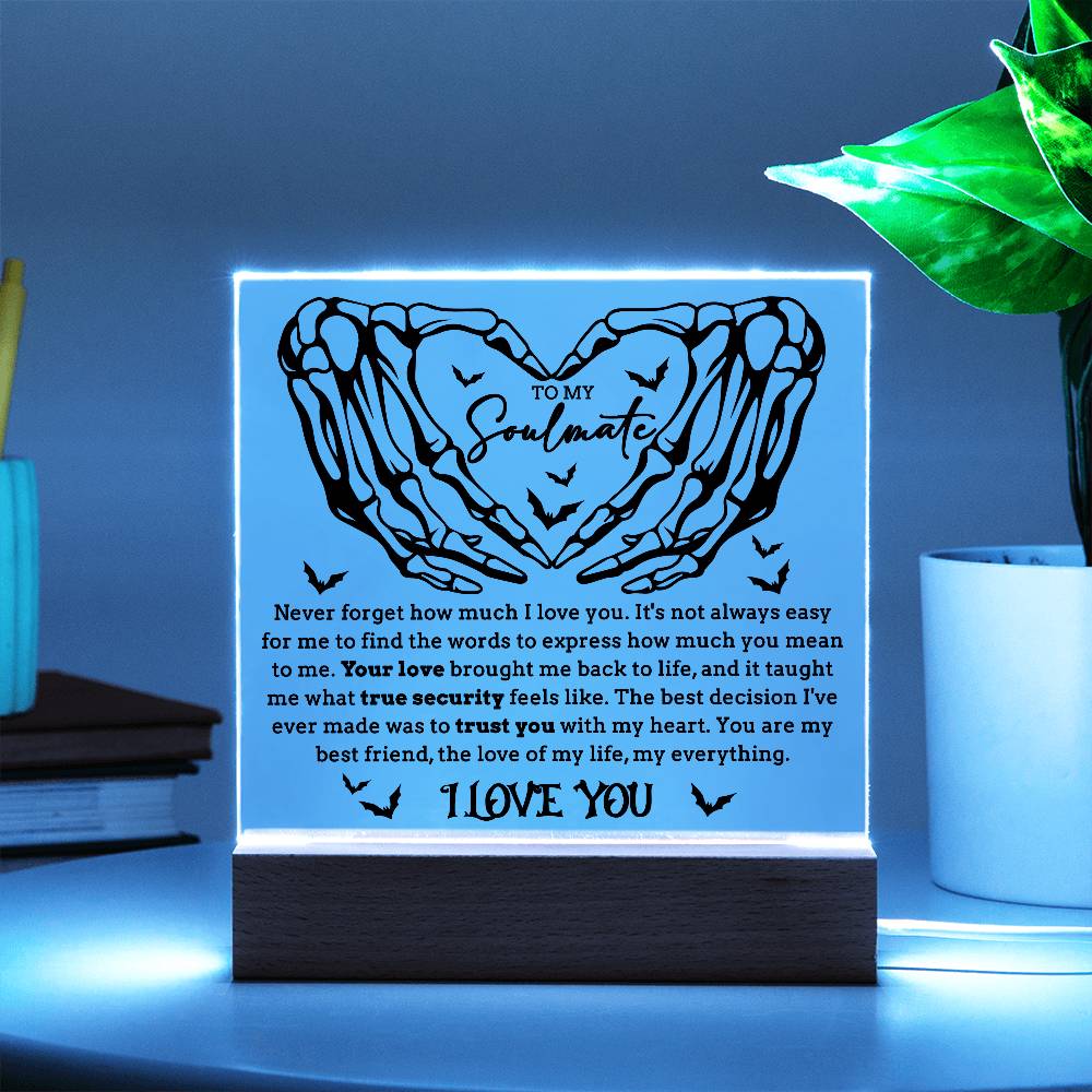 Soulmate - True Security - Halloween Acrylic Square Plaque with LED Lighted Wooden Base