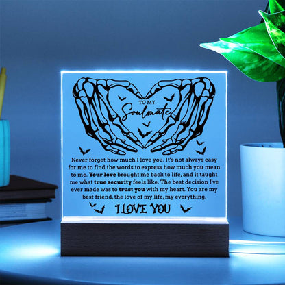 Soulmate - True Security - Halloween Acrylic Square Plaque with LED Lighted Wooden Base