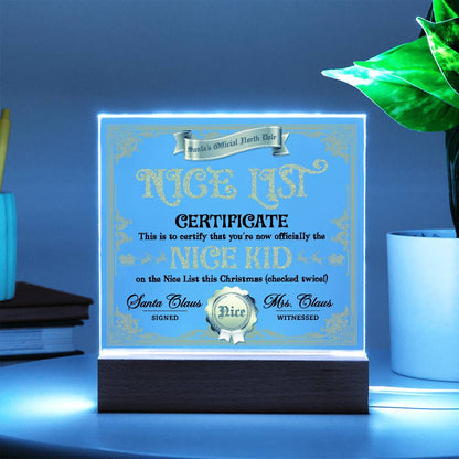 Christmas Decor - Nice Kid List Certificate Acrylic Square Plaque with LED Wooden Base