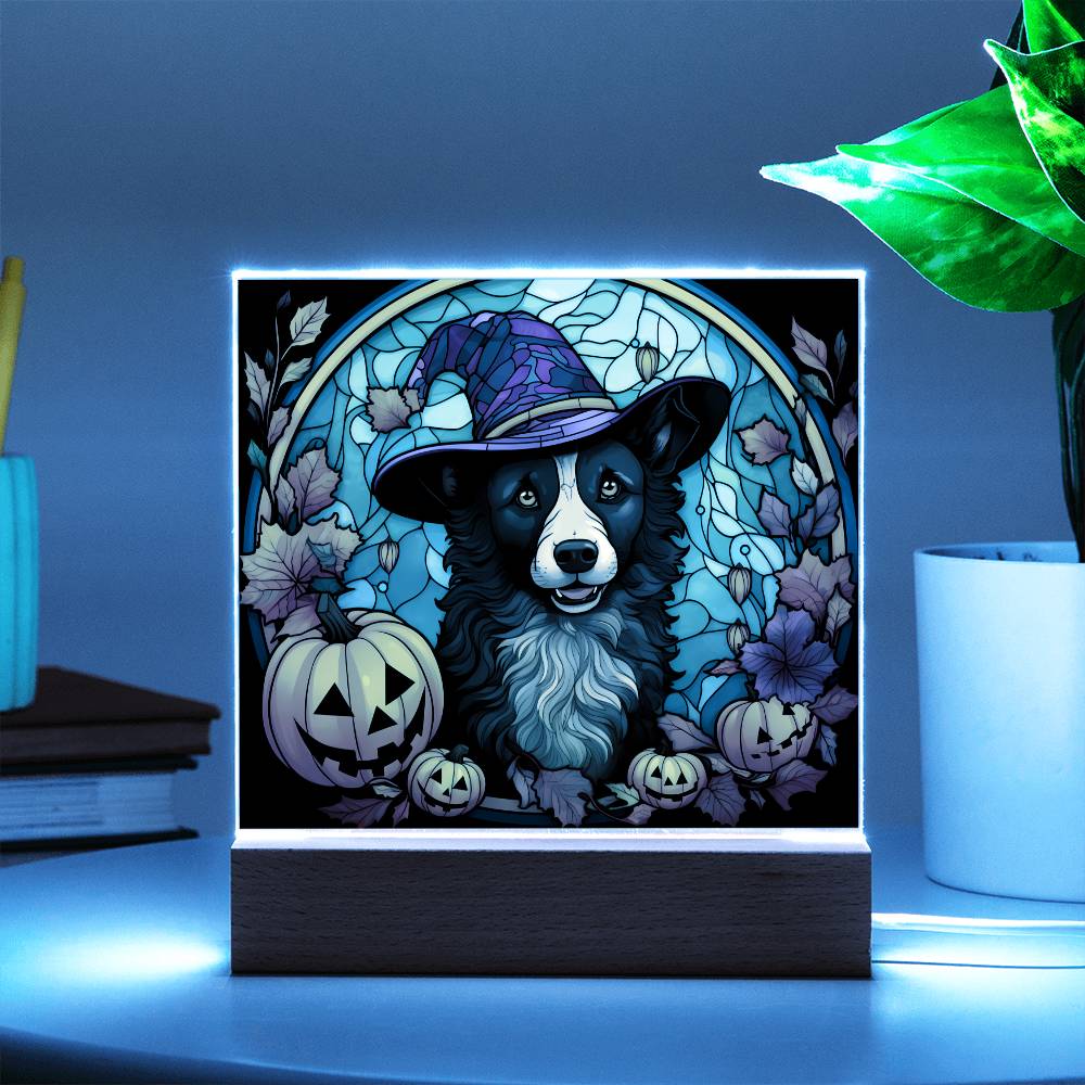 Dog Halloween Portrait Stained Glass Acrylic Plaque with LED Lighted Wooden Base