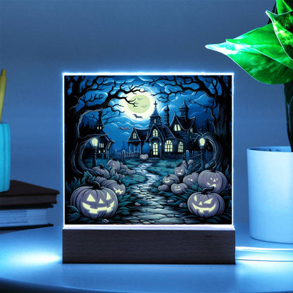 Halloween Decor Haunted Mansion Acrylic Square Plaque with LED Wooden Base