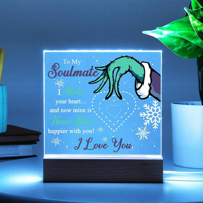 Soulmate Gift - Stole My Heart - Christmas Acrylic Plaque with Lighted LED wooden Base