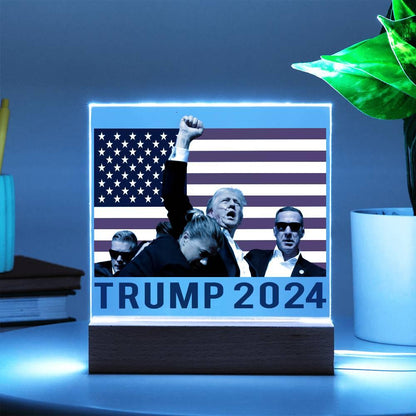 Trump 2024 Butler Rally Acrylic Plaque with LED Lighted Wooden Base