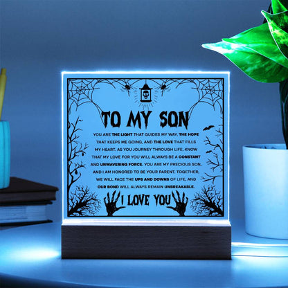 Son - Unwavering Force - Halloween Acrylic Square Plaque with LED Wooden Base