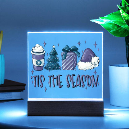 Tis The Season - Christmas Acrylic Plaque with Lighted LED Wooden Base