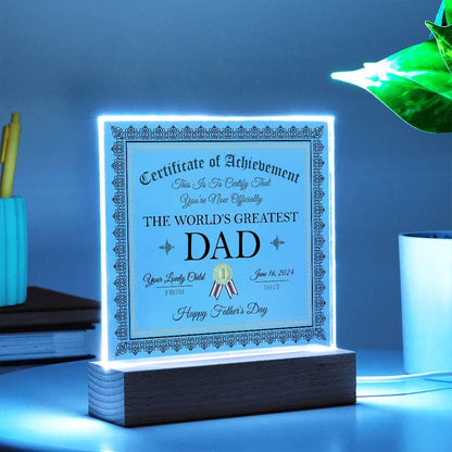 Father's Day Gift Certificate of Achievement for The World's Greatest Dad Personalized Acrylic Plaque