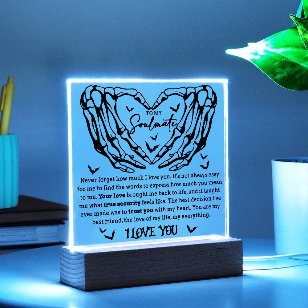 Soulmate - True Security - Halloween Acrylic Square Plaque with LED Lighted Wooden Base